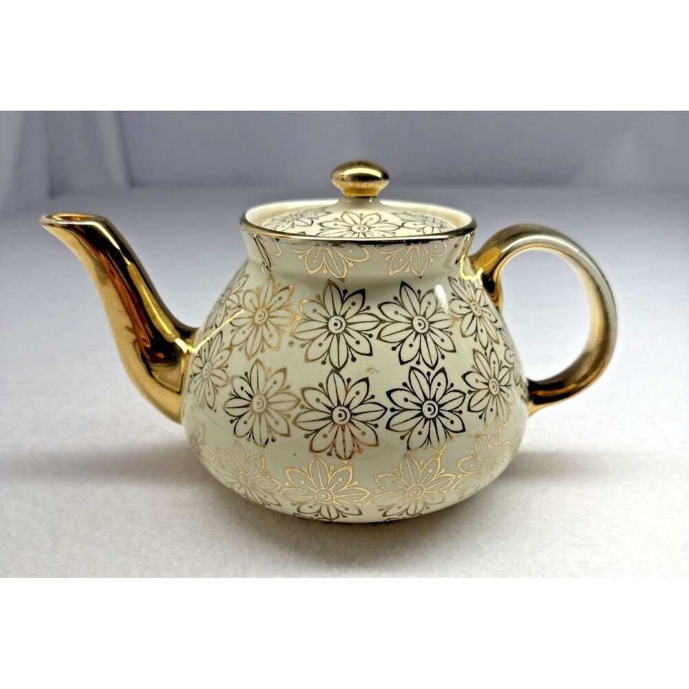Hall China 6 Cup Teapot USA Vintage Gold Black Floral MCM Ceramic Covered